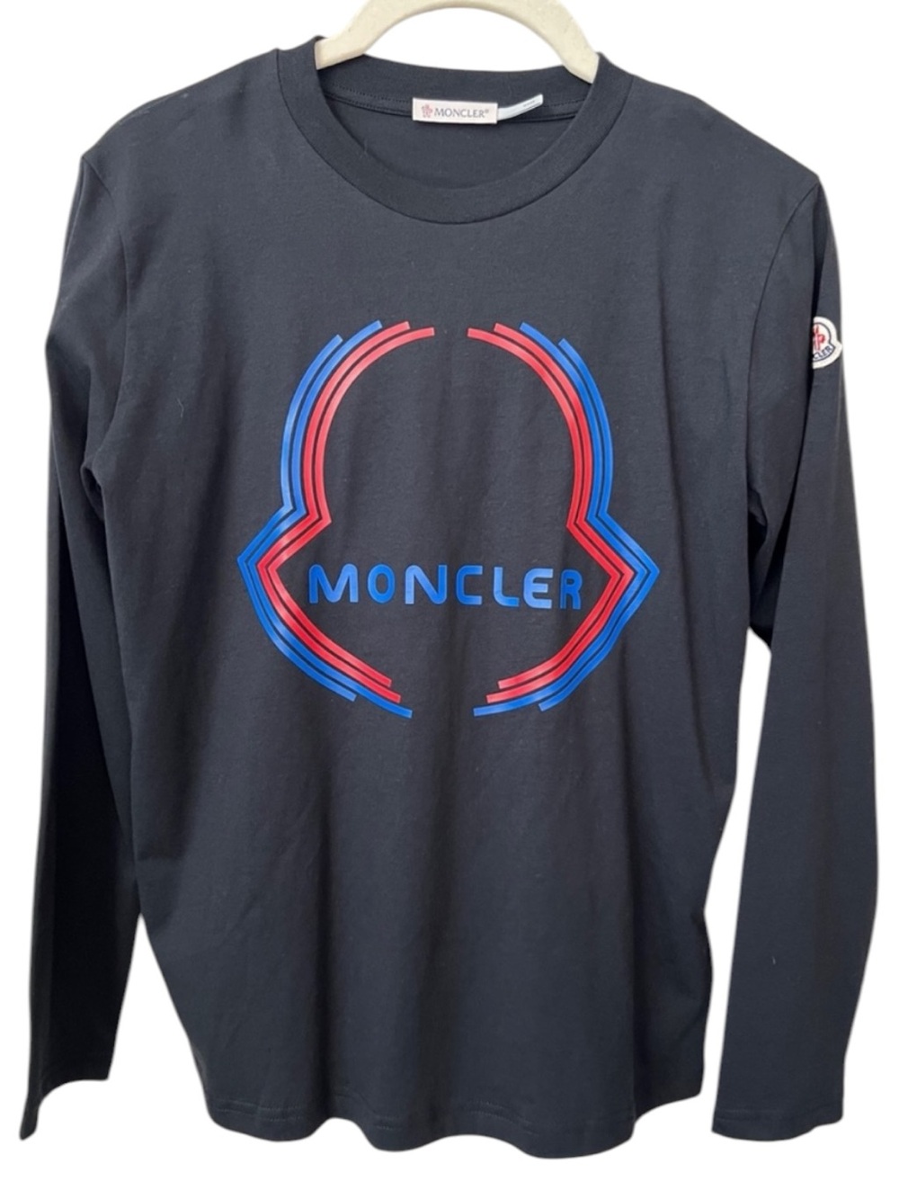 Moncler Black Long-Sleeve Tee with Blue and Red Logo Size 12
